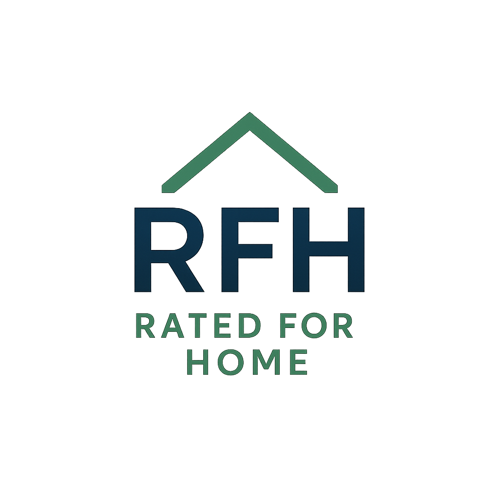 Logo for “Rated For Home” featuring the acronym “RFH” in bold navy blue font beneath a minimalist green roof icon. The tagline “RATED FOR HOME” is written in uppercase green text below the acronym. The design has a clean, modern look with a transparent background.