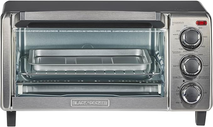 BLACK+DECKER 4-Slice Toaster Oven, Even Toast, 4 Cooking Functions Bake, Broil, Toast and Keep Warm, Removable Crumb Tray, Timer
