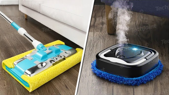 two picture of cleaning products, one mop and a cleaning robo vacuum