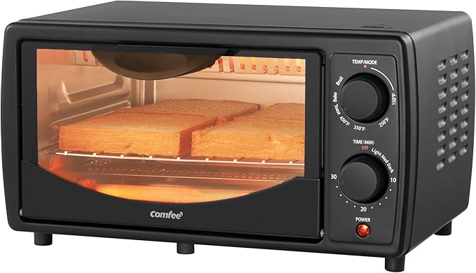 COMFEE' Toaster Oven Countertop, Small Toaster Ovens Combo 4 slice, Mini Oven for 9" Pizza, Compact Oven 2 Racks for Toast, Bake, Broil, 950W, Black, CTO-E101A(BK)
