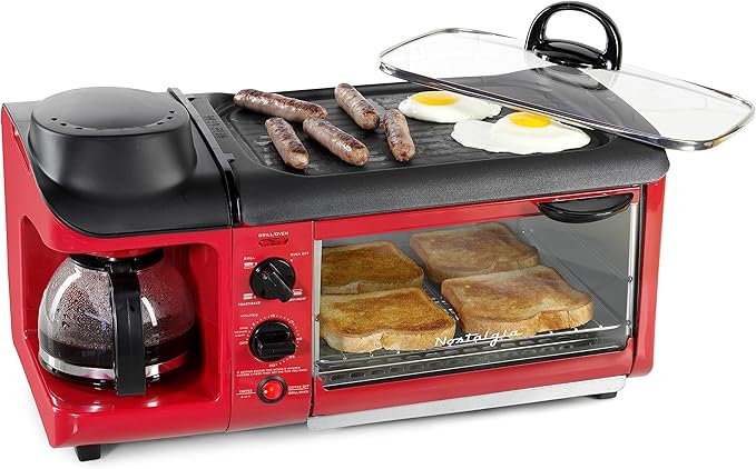 Nostalgia 3-in-1 Breakfast Station - Includes Coffee Maker, Non-Stick Griddle, and 4-Slice Toaster Oven - Versatile Breakfast Maker with Timer - Red
