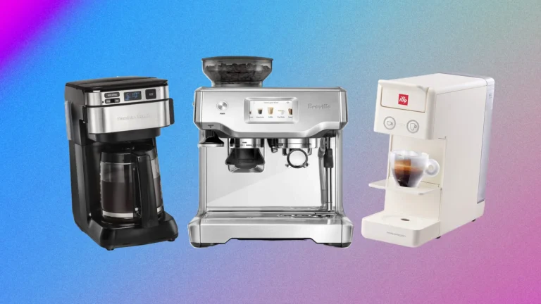 Three different coffee makers, standing side by side on a colorful background