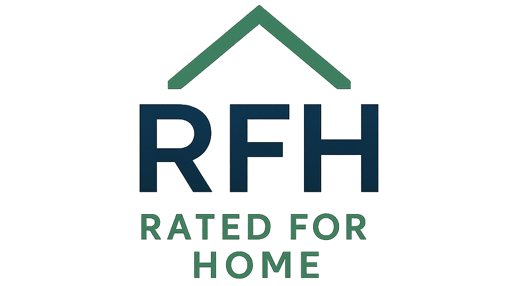 Logo for “Rated For Home” featuring the acronym “RFH” in bold navy blue font beneath a minimalist green roof icon. The tagline “RATED FOR HOME” is written in uppercase green text below the acronym. The design has a clean, modern look with a transparent background.