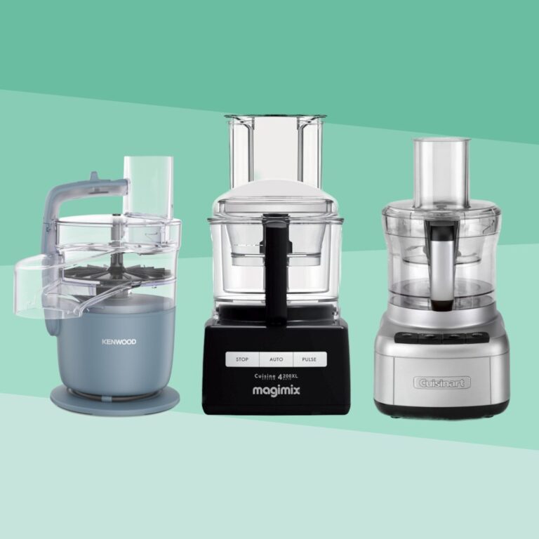 three food processors next to each other on a green background