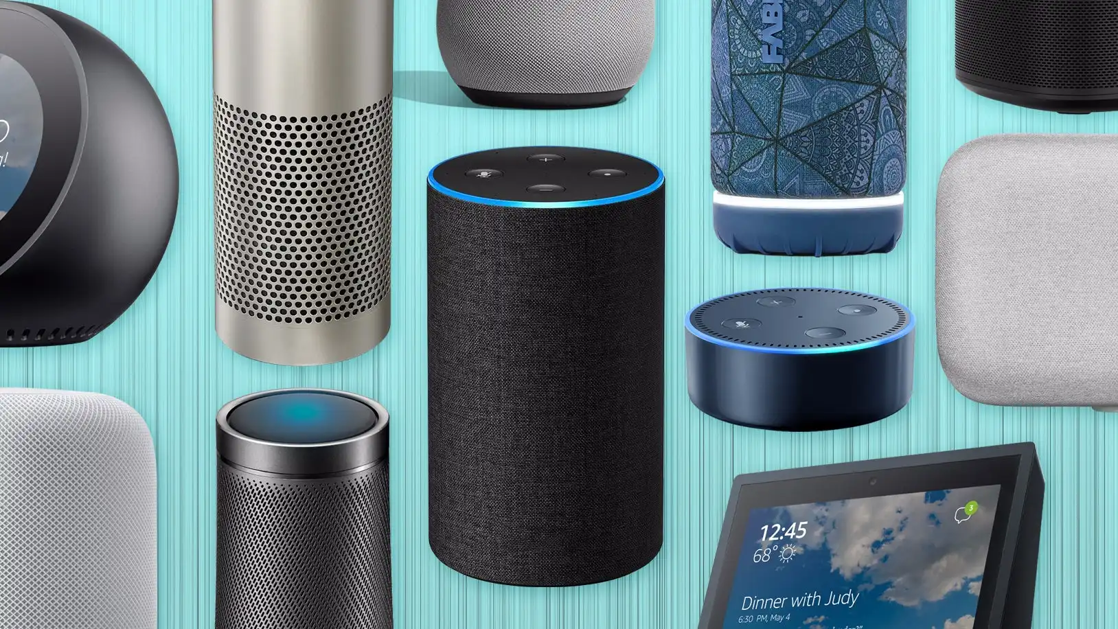 Smart speakers on a light blue background